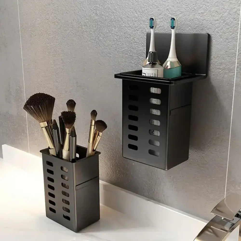 1pc Modern Wall-Mounted Bathroom Organizer holding toothbrushes and toothpaste in a sleek black design.