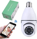 1080P Light Bulb Camera 360 Degree Wireless Wifi with smartphone and packaging showcased.
