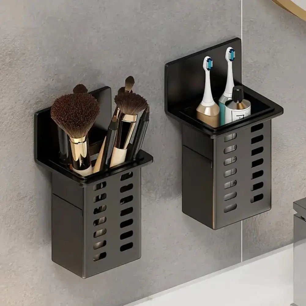 1pc Modern Wall-Mounted Bathroom Organizer holding toothbrushes and toothpaste in a sleek black design.