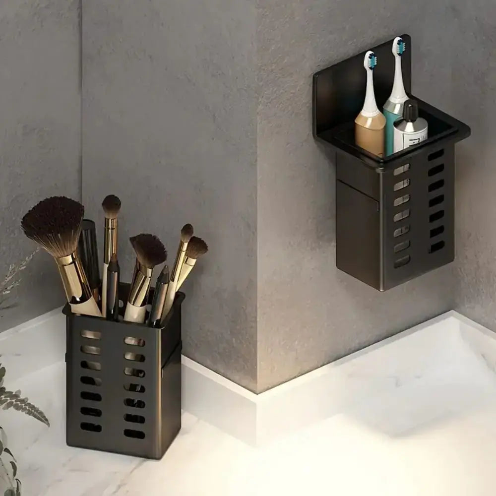 1pc Modern Wall-Mounted Bathroom Organizer holding toothbrushes and toothpaste in a sleek black design.