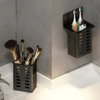 1pc Modern Wall-Mounted Bathroom Organizer holding toothbrushes and toothpaste in a sleek black design.