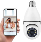 1080P Light Bulb Camera 360 Degree Wireless Wifi, showing a light bulb camera with phone display.