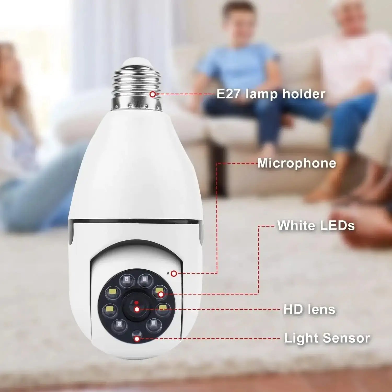 1080P Light Bulb Camera 360 Degree Wireless Wifi showing E27 lamp holder, microphone, HD lens, and light sensor features.