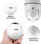 1080P Light Bulb Camera 360 Degree Wireless Wifi showing speaker, reset button, and SD card slot details.